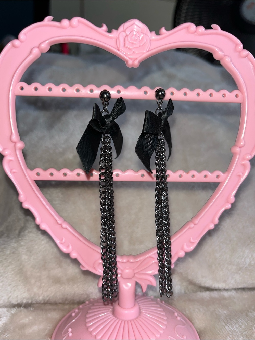 Source Unknown Black Ribbon & Gunmetal Chain Drop Earrings